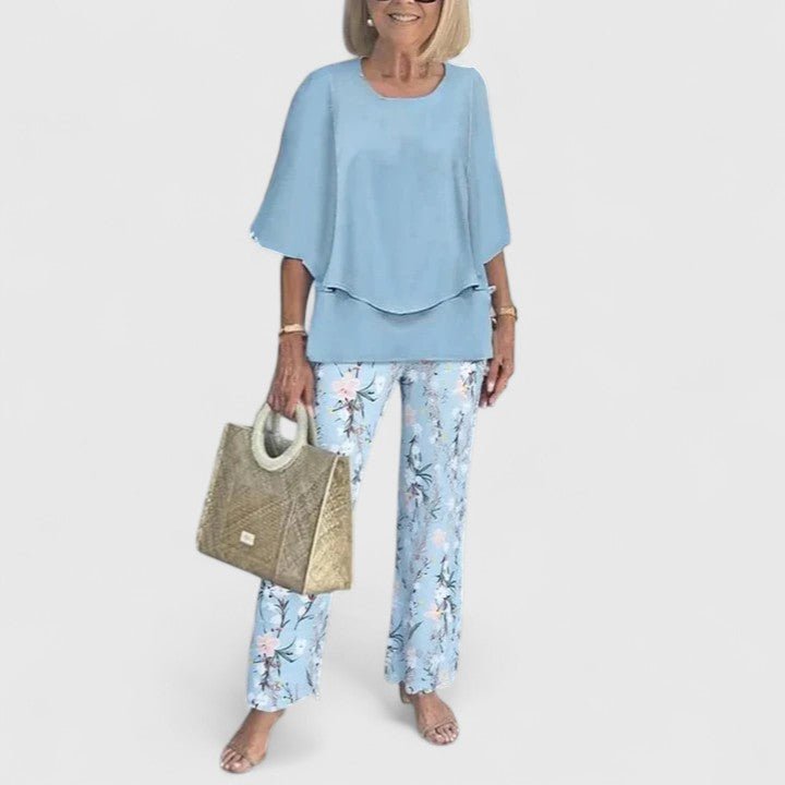 Dames Botanische Print Vleermuis Top Wide-Leg Broek Set - Light Blue