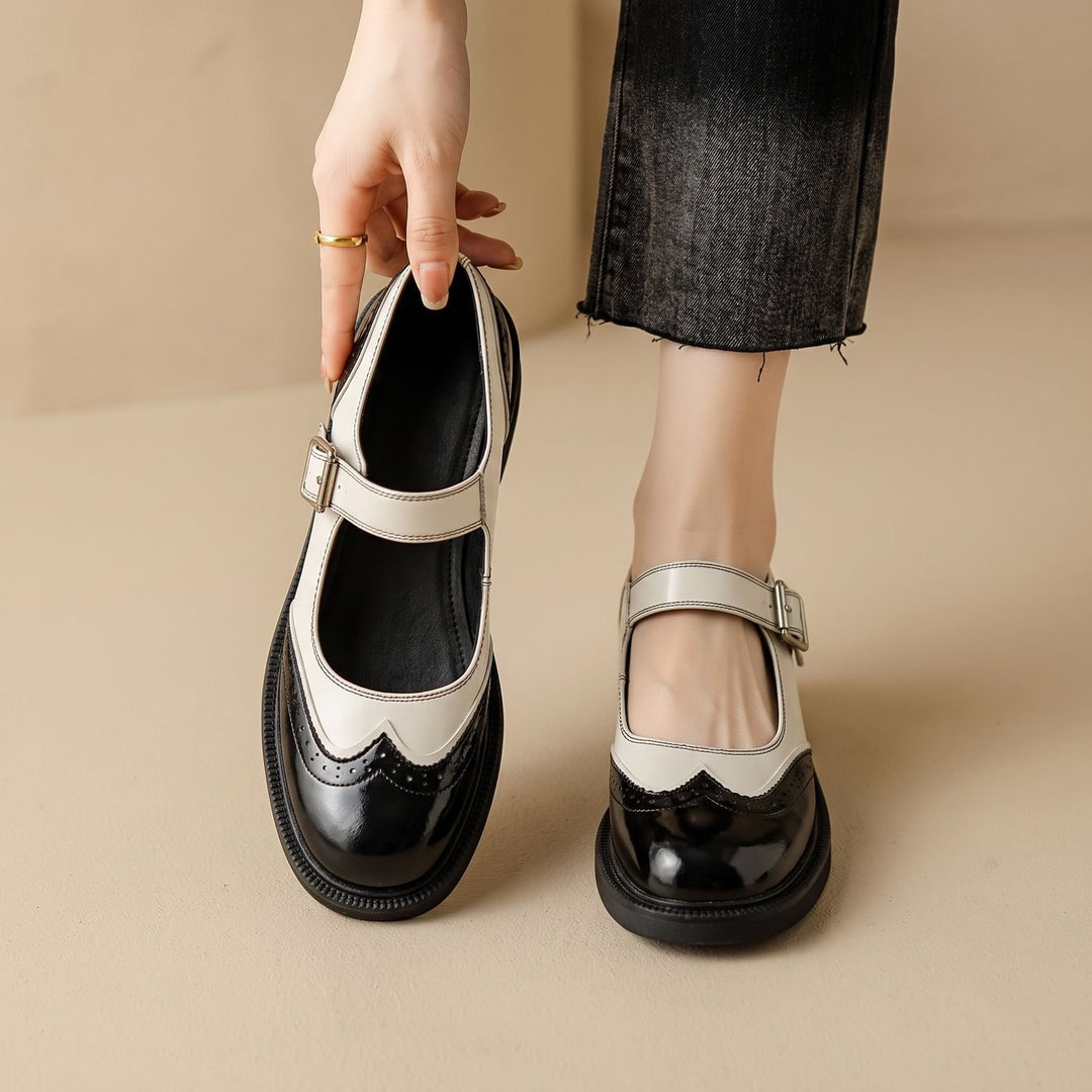 Dames Brogue Mary Jane Schoenen met Gesp en Ronde Neus - Zwart
