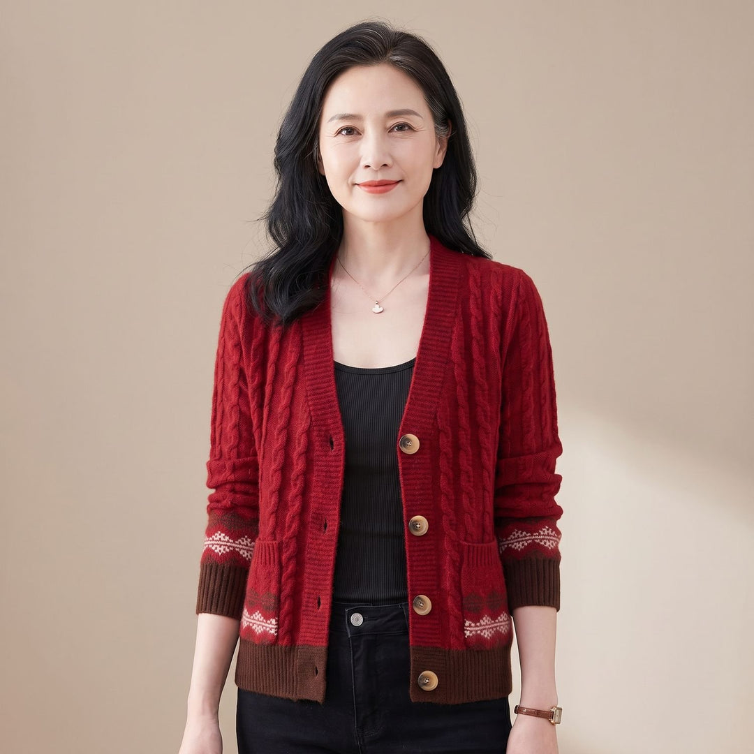 Dames Cable Knit Cardigan V-hals Fair Isle Boorden - Rood