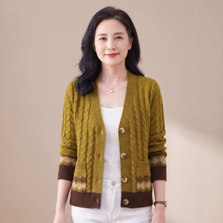 Dames Cable Knit Cardigan V-hals Fair Isle Boorden - Geel