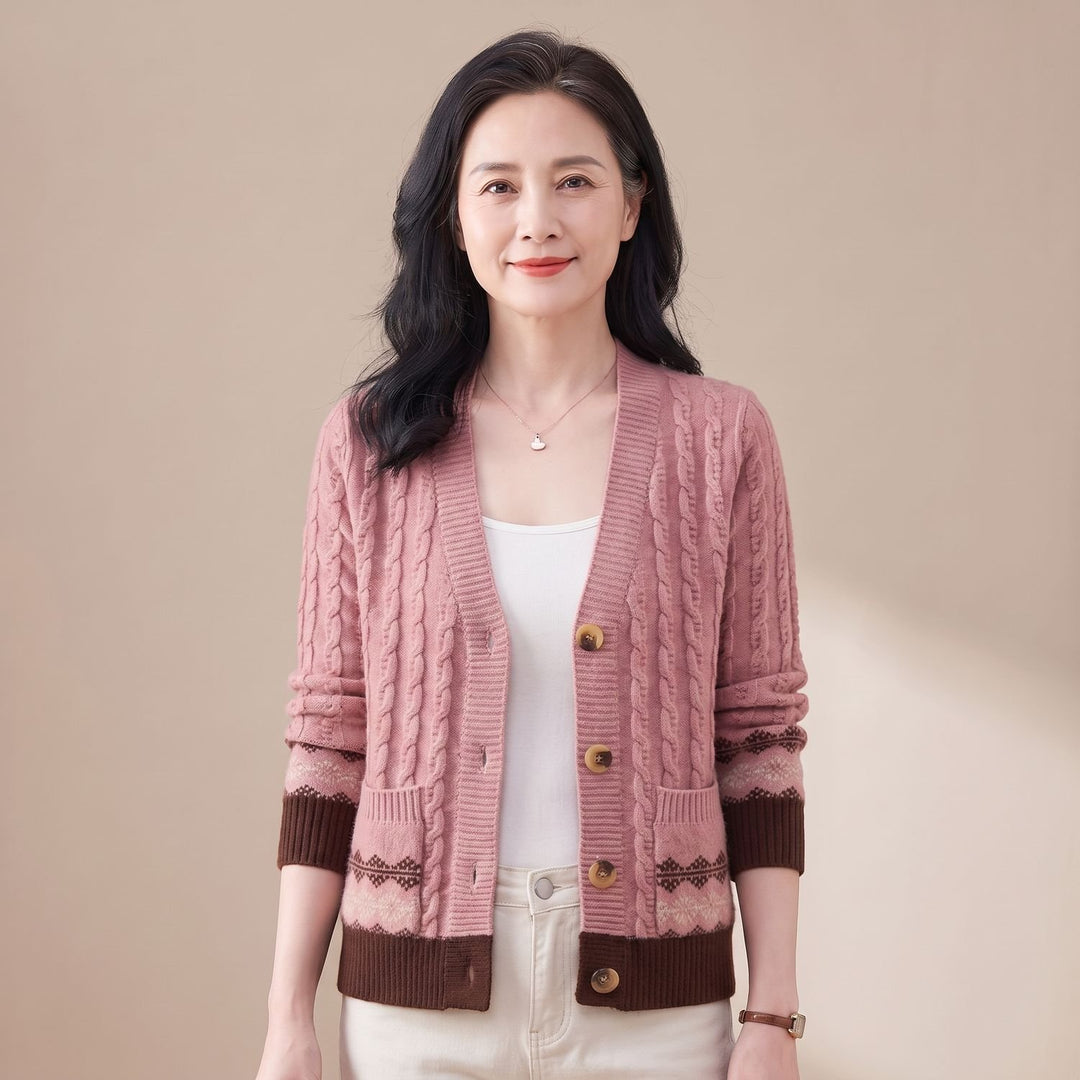 Dames Cable Knit Cardigan V-hals Fair Isle Boorden - Roze