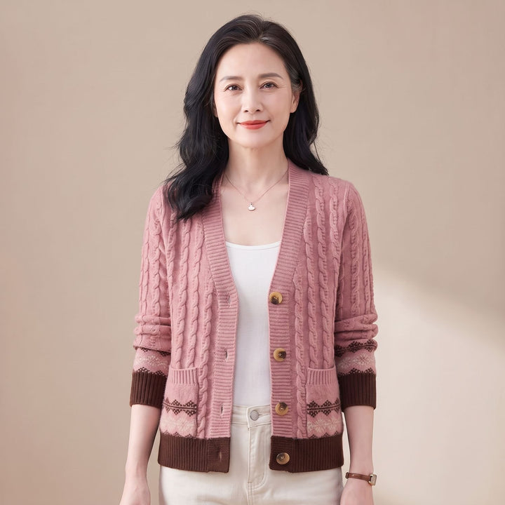 Dames Cable Knit Cardigan V-hals Fair Isle Boorden - Roze