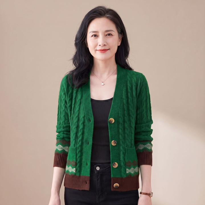 Dames Cable Knit Cardigan V-hals Fair Isle Boorden - Groen