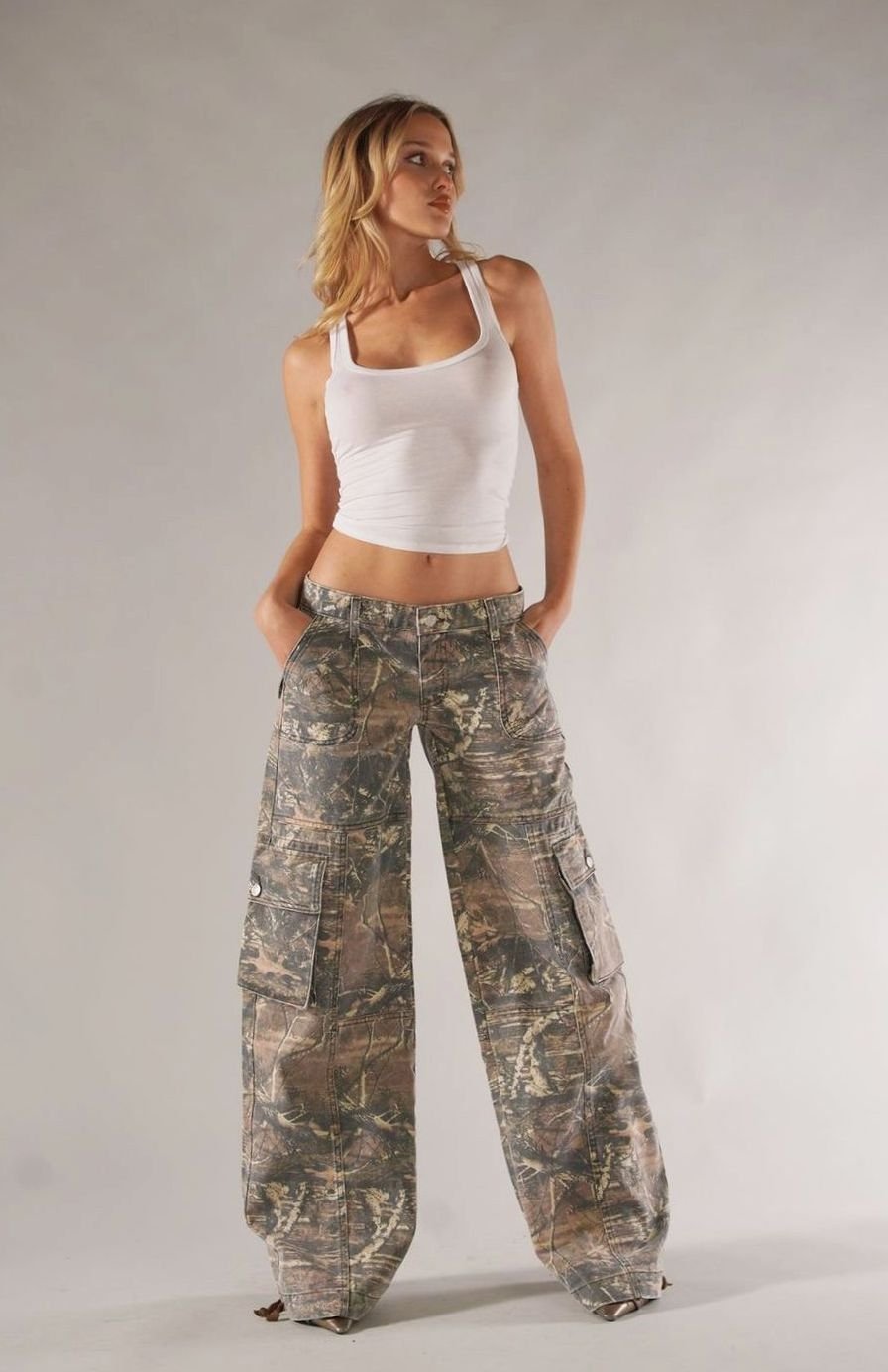 Dames Camo Cargo Pants Losvallende Straight-Fit Broek met Zakken