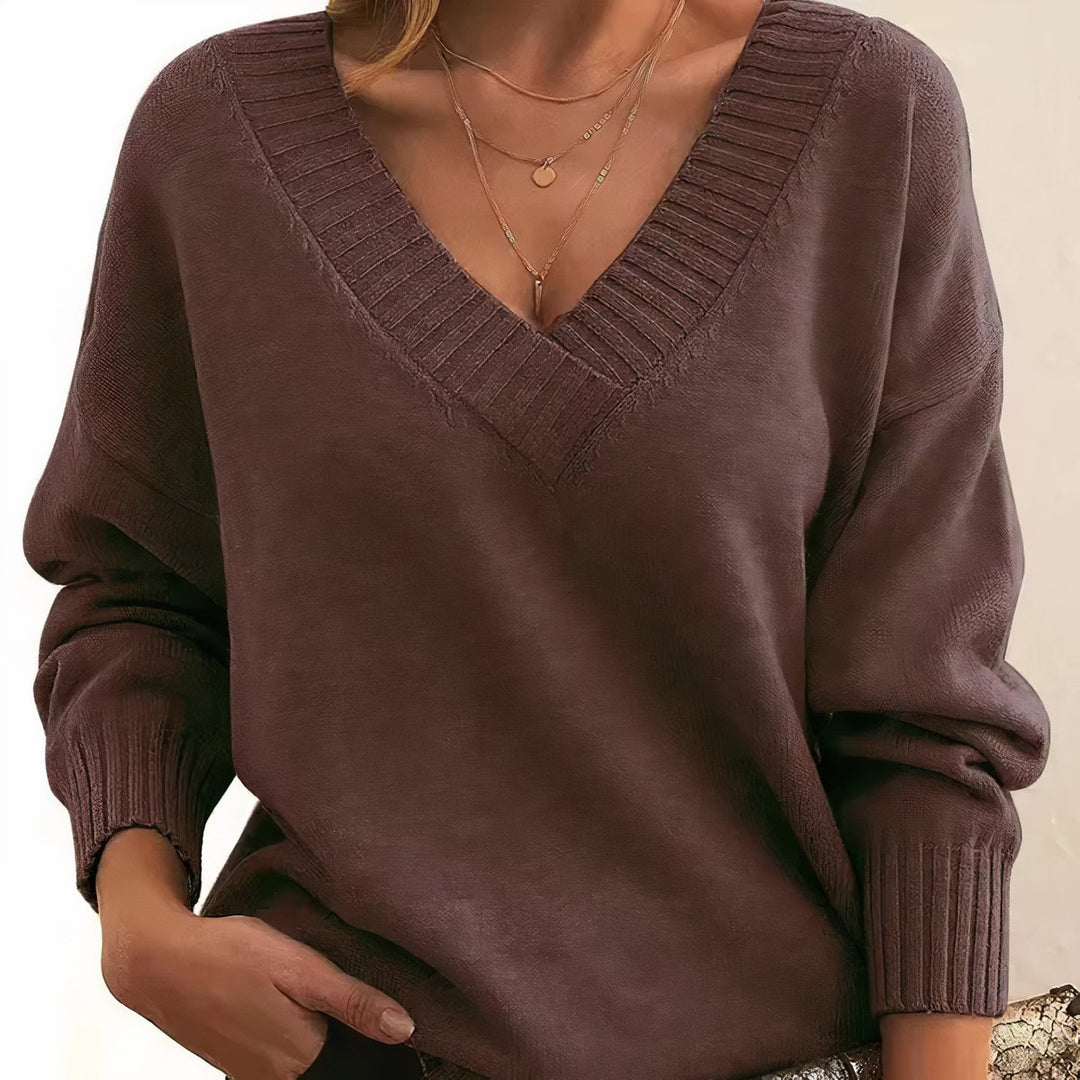 Dames Cashmere Blend V-hals Gebreide Sweater Lange Mouw - Auburn