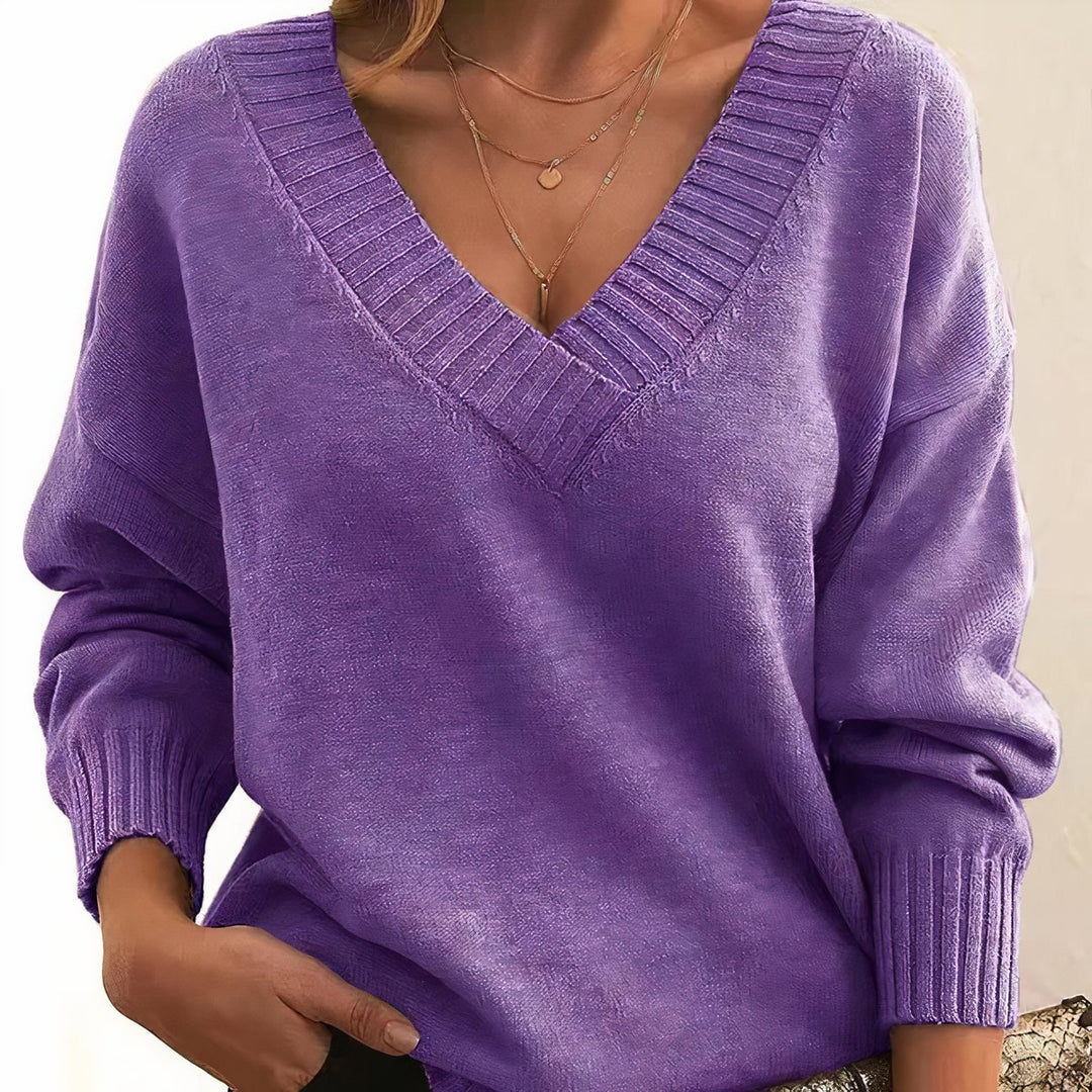 Dames Cashmere Blend V-hals Gebreide Sweater Lange Mouw - Purple