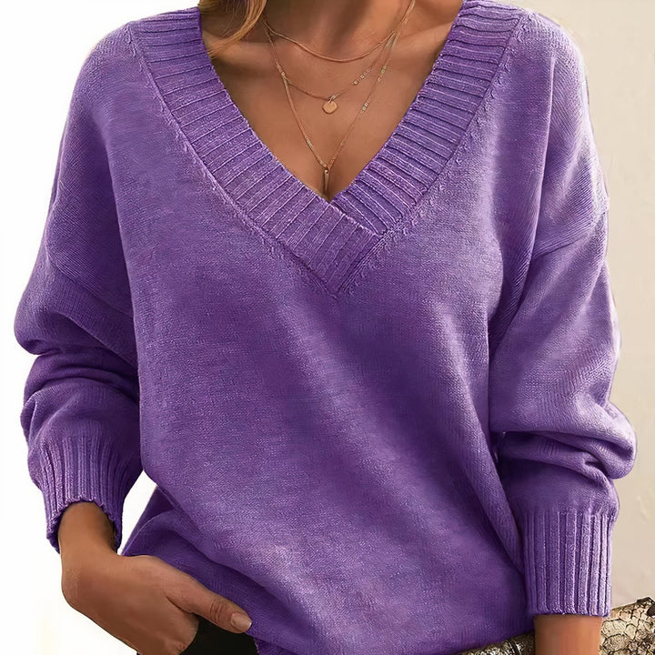 Dames Cashmere Blend V-hals Gebreide Sweater Lange Mouw - Purple