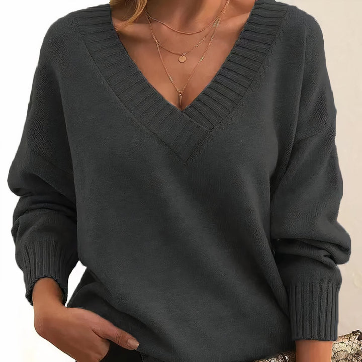 Dames Cashmere Blend V-hals Gebreide Sweater Lange Mouw - Dark Gray