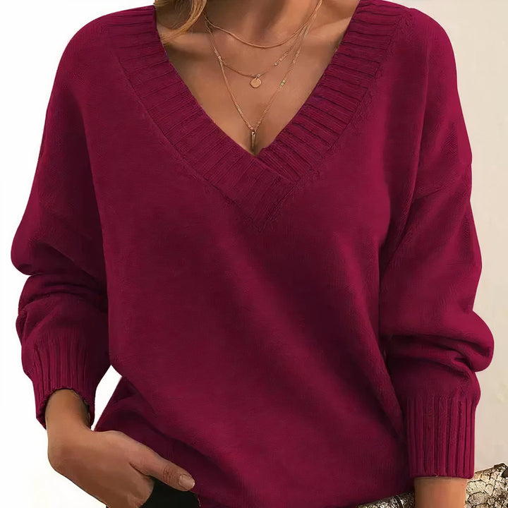 Dames Cashmere Blend V-hals Gebreide Sweater Lange Mouw - Red