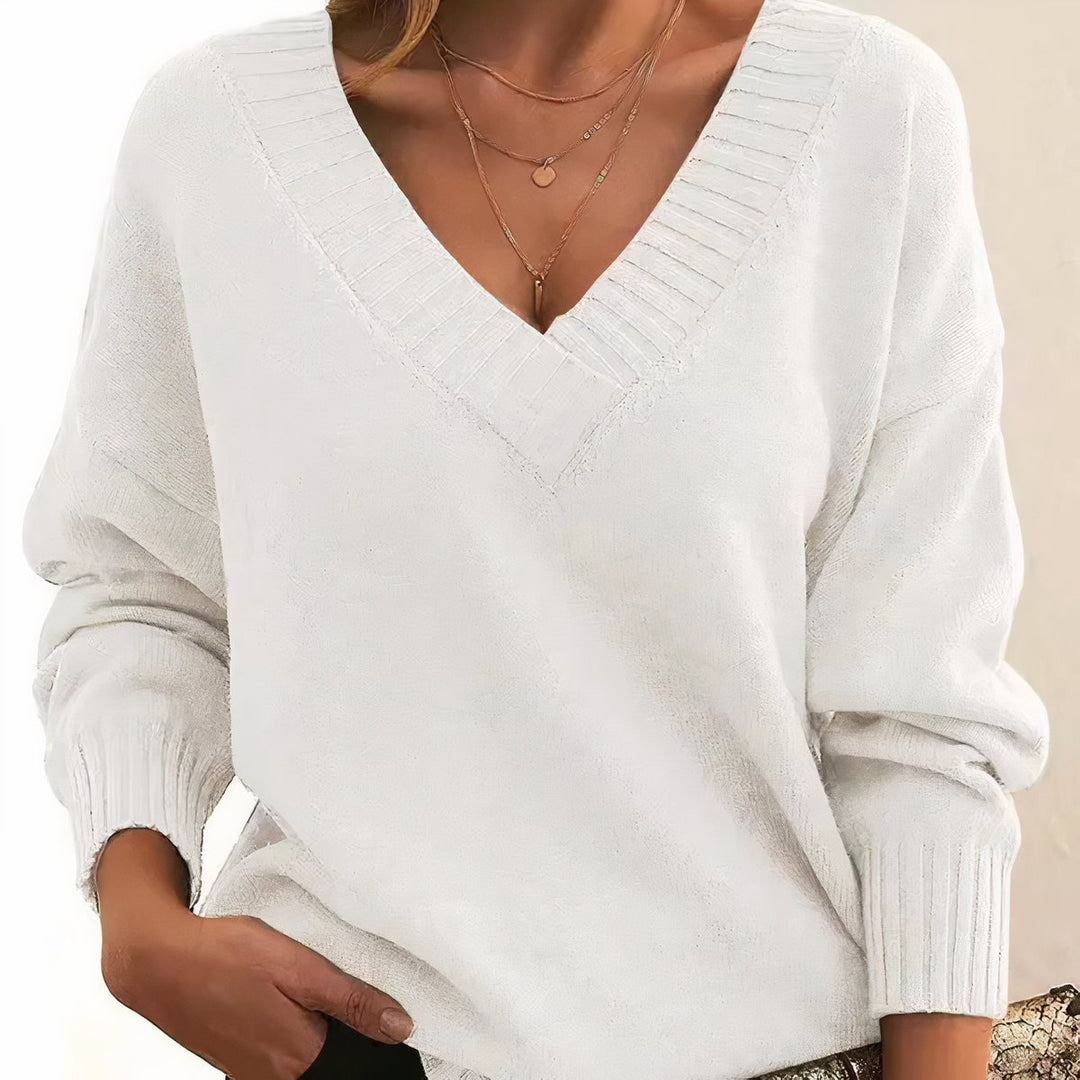 Dames Cashmere Blend V-hals Gebreide Sweater Lange Mouw - White