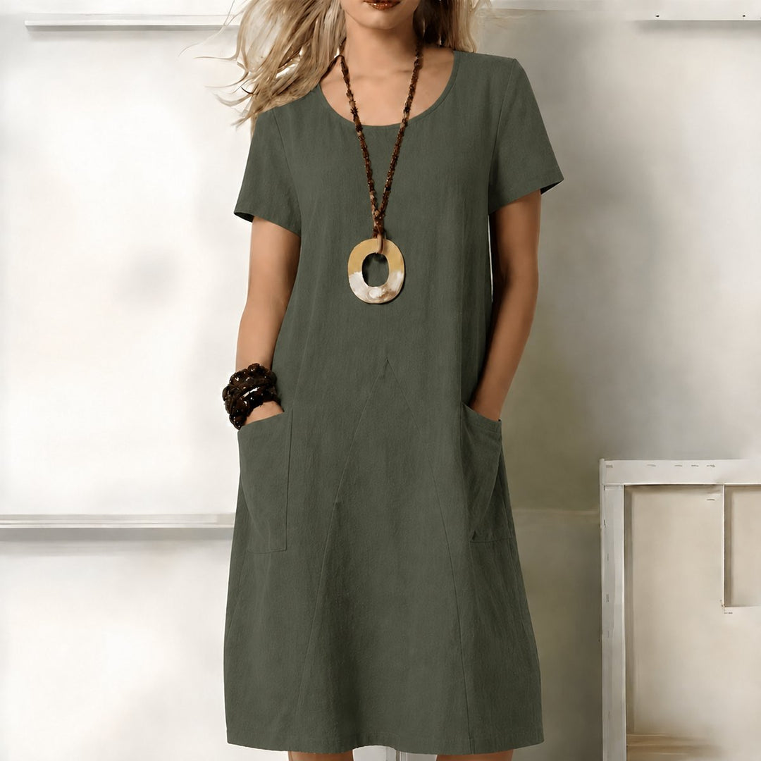 Dames Casual Boho Midi-jurk met Korte Mouwen en Zakken - Groen