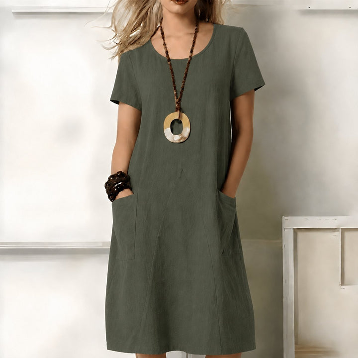 Dames Casual Boho Midi-jurk met Korte Mouwen en Zakken - Groen
