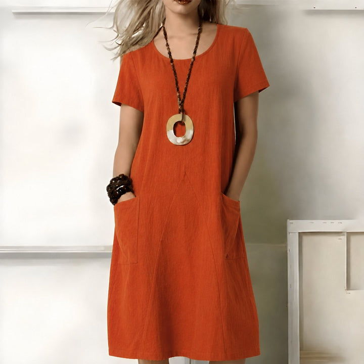 Dames Casual Boho Midi-jurk met Korte Mouwen en Zakken - Oranje