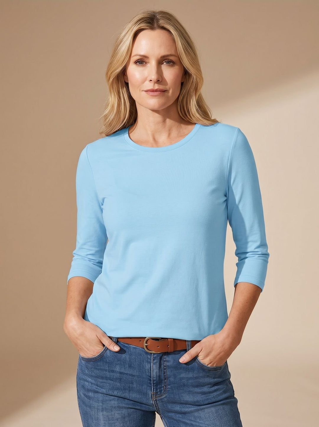 Dames Casual Effen Relaxed-Fit Top met Driekwart Mouwen - Lichtblauw