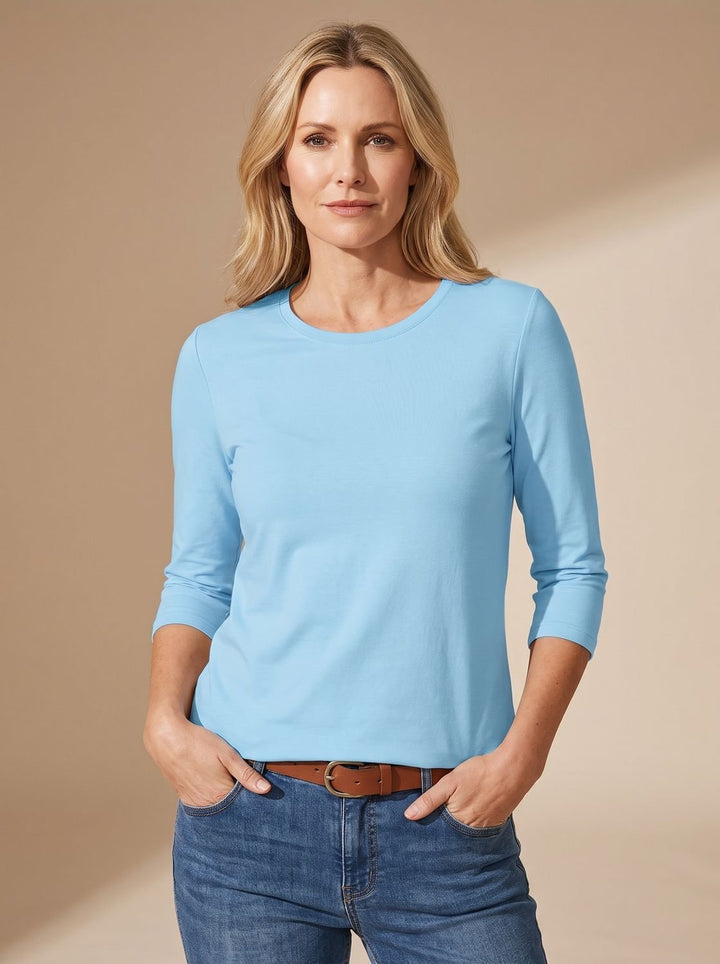 Dames Casual Effen Relaxed-Fit Top met Driekwart Mouwen - Lichtblauw
