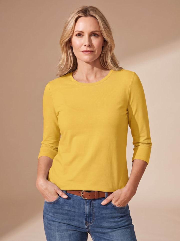 Dames Casual Effen Relaxed-Fit Top met Driekwart Mouwen - Geel