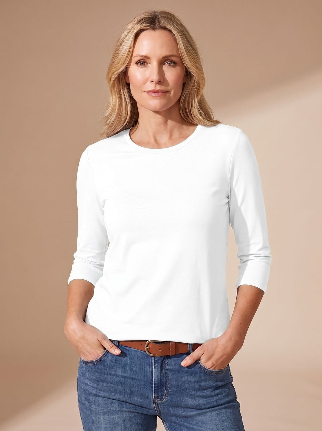 Dames Casual Effen Relaxed-Fit Top met Driekwart Mouwen - Wit