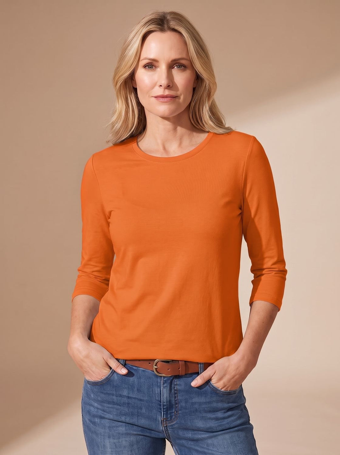 Dames Casual Effen Relaxed-Fit Top met Driekwart Mouwen - Oranje