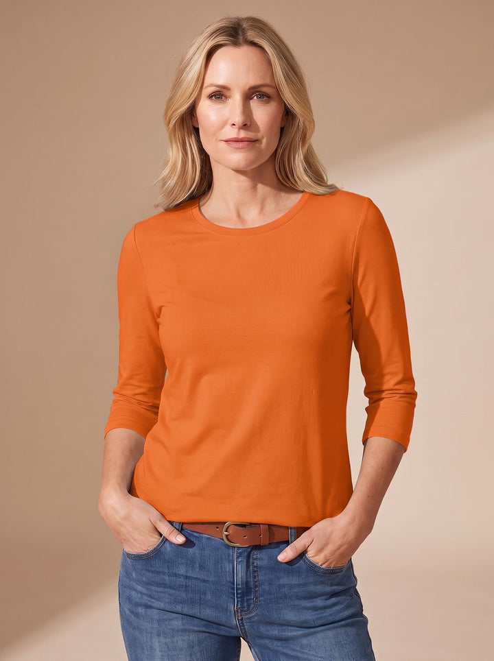 Dames Casual Effen Relaxed-Fit Top met Driekwart Mouwen - Oranje