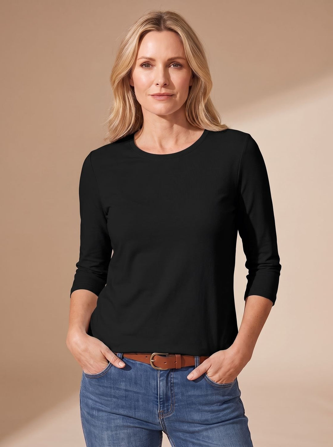 Dames Casual Effen Relaxed-Fit Top met Driekwart Mouwen - Zwart