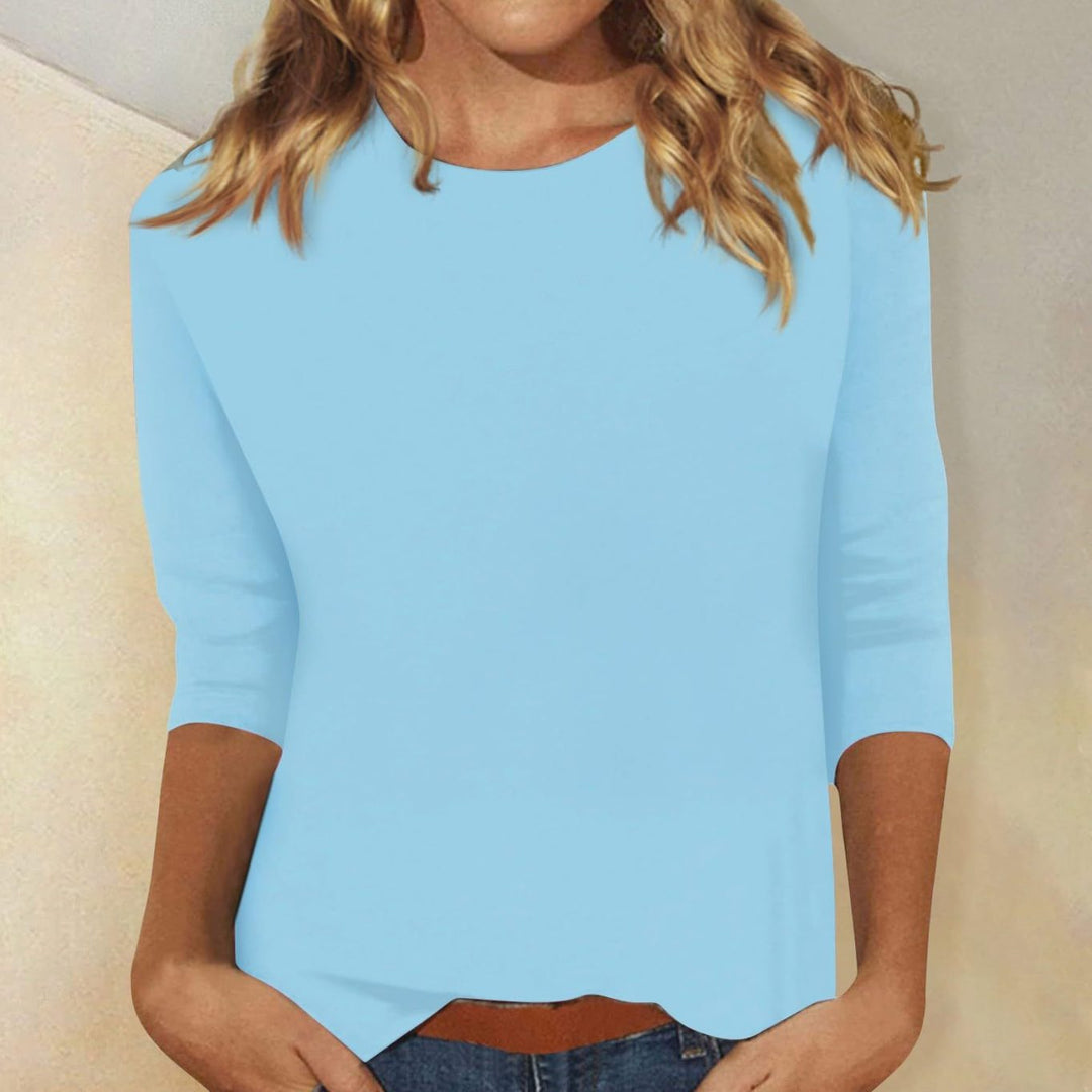Dames Casual Effen Ronde Hals 3/4 Mouw Top - Lichtblauw