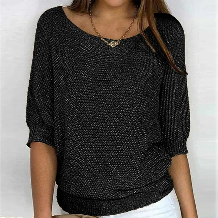 Dames Casual Gebreide Ronde Hals Halfmouw Trui - Zwart