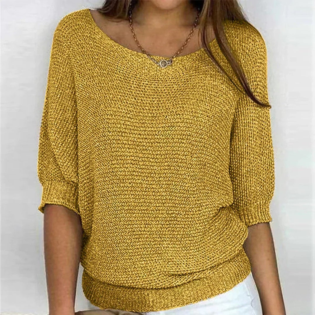Dames Casual Gebreide Ronde Hals Halfmouw Trui - Geel