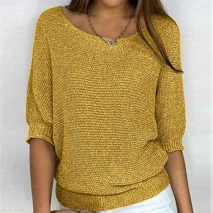 Dames Casual Gebreide Ronde Hals Halfmouw Trui - Geel