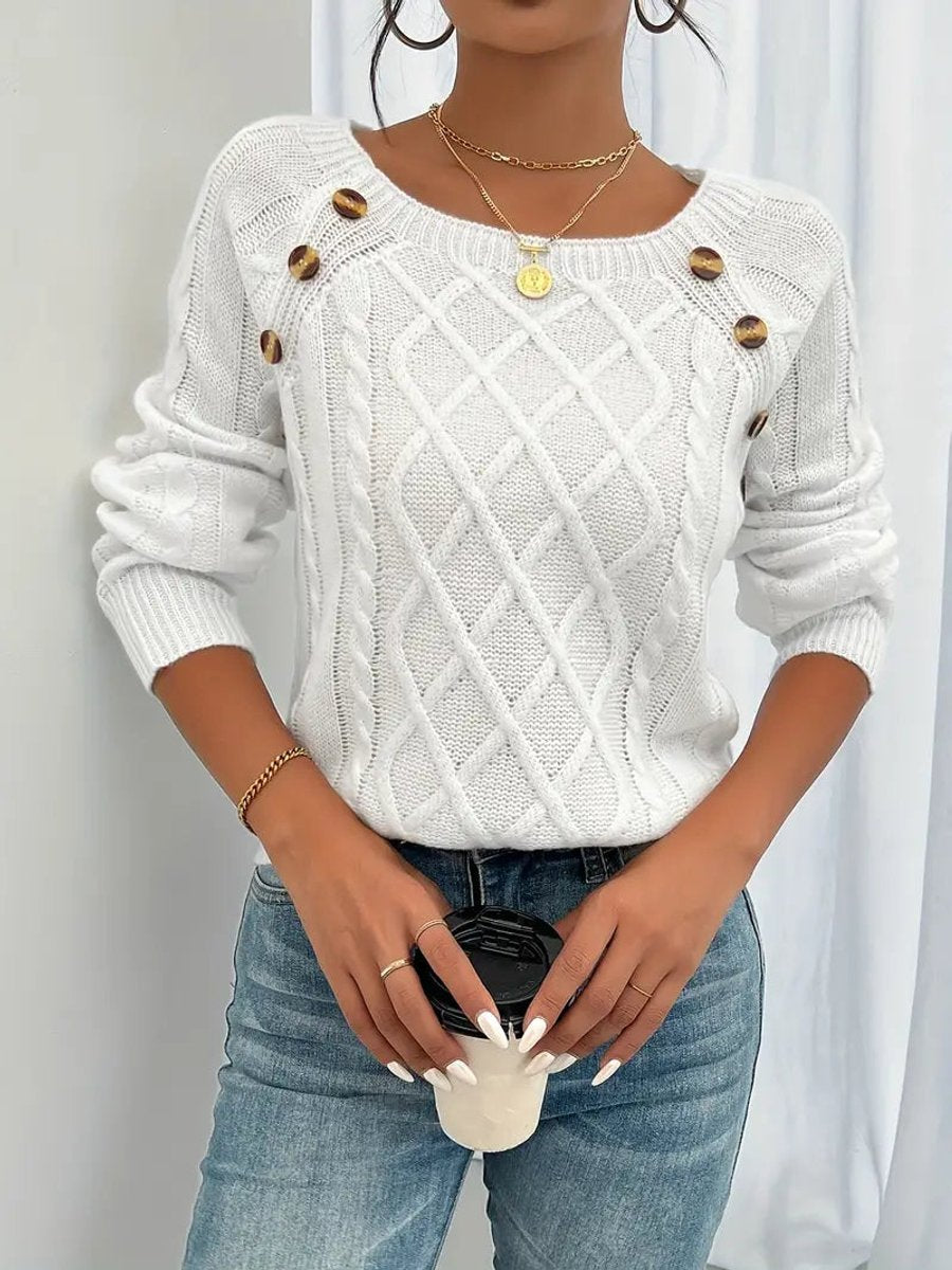 Dames Casual Knit Sweater Ronde Hals Kabelpatroon Knopen - Wit