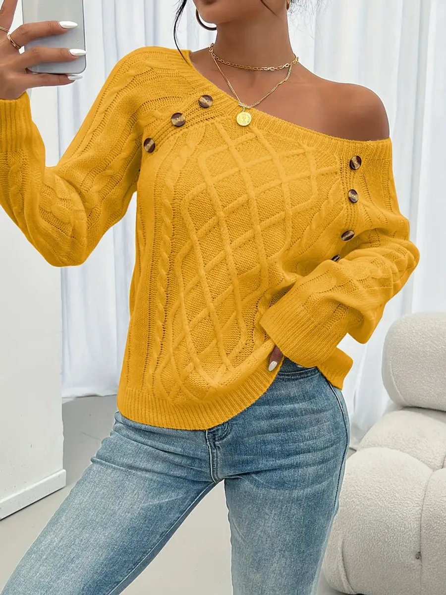 Dames Casual Knit Sweater Ronde Hals Kabelpatroon Knopen