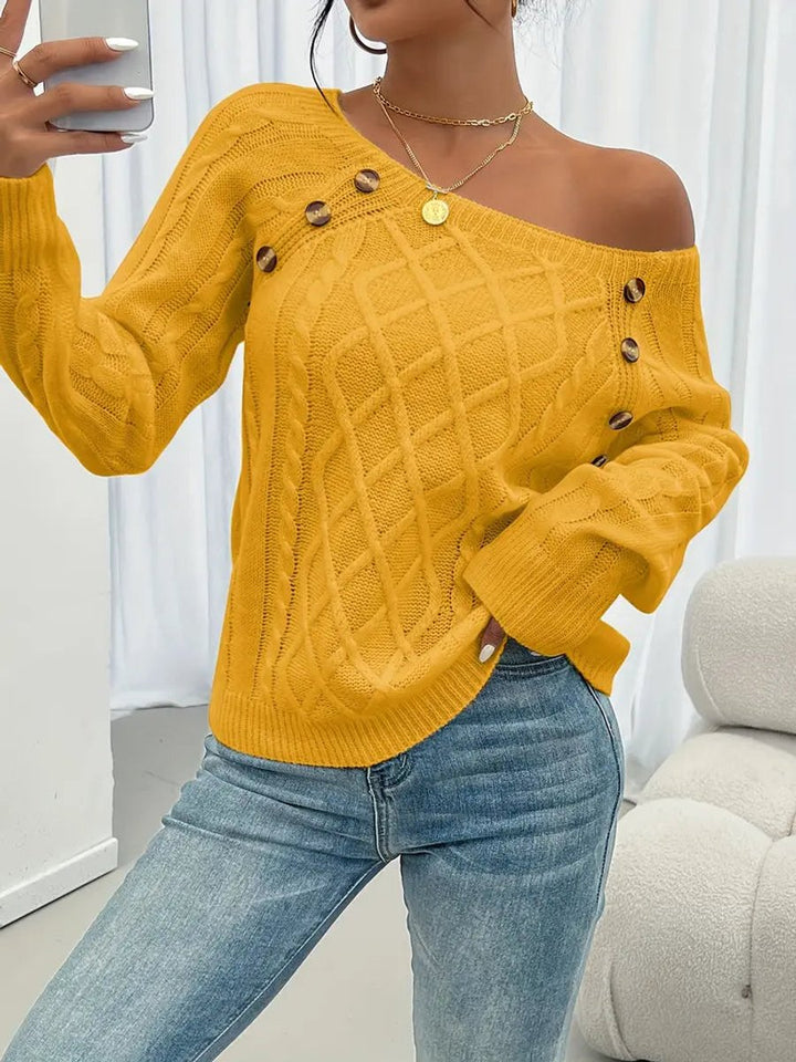 Dames Casual Knit Sweater Ronde Hals Kabelpatroon Knopen