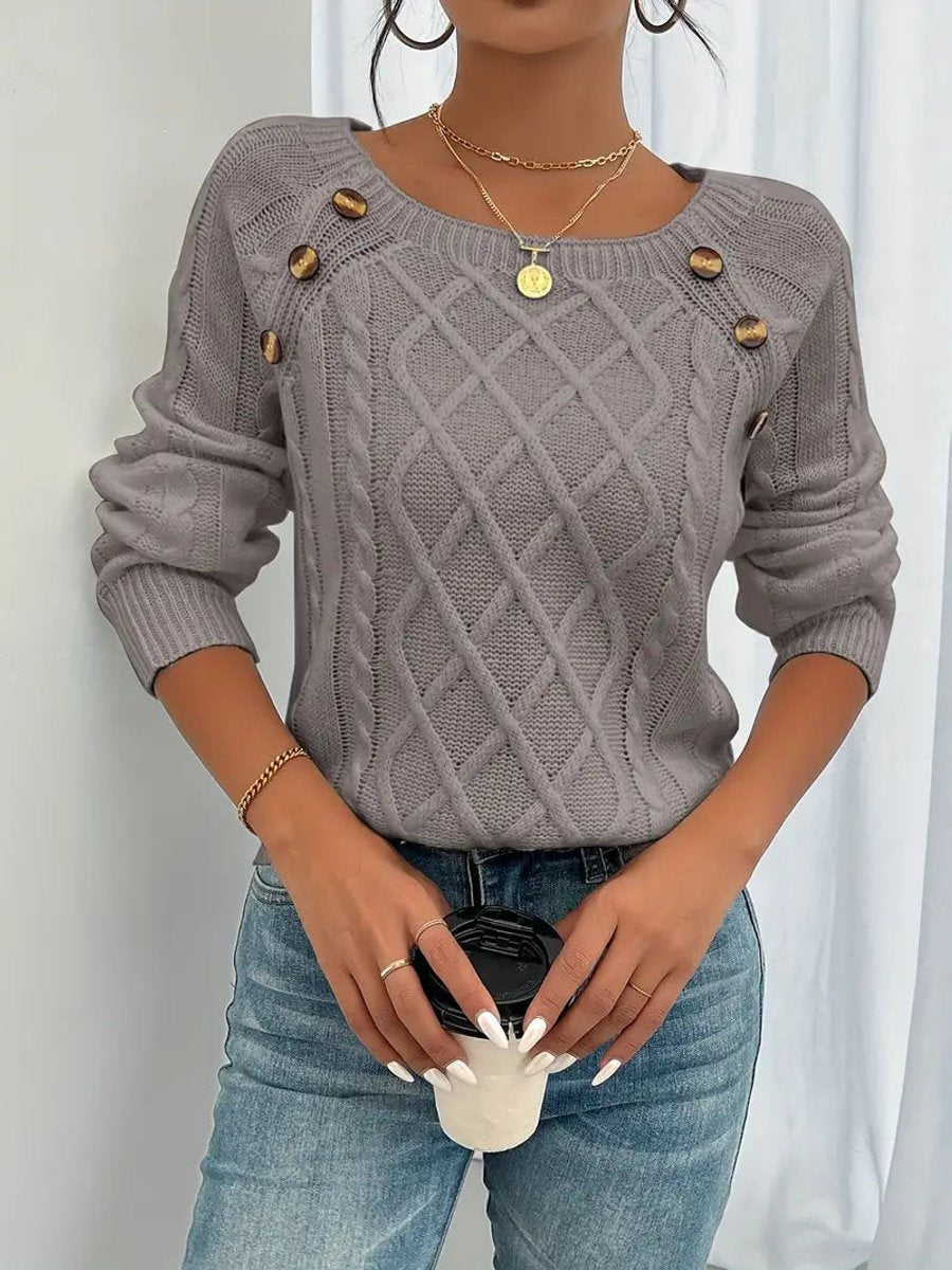 Dames Casual Knit Sweater Ronde Hals Kabelpatroon Knopen - Rozebruin