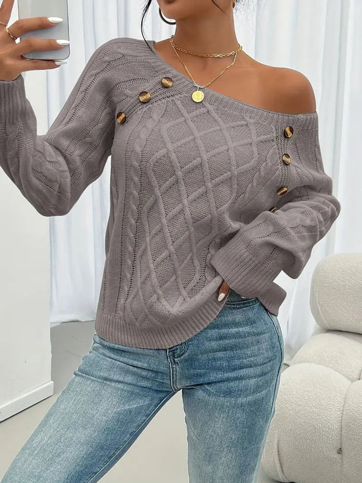 Dames Casual Knit Sweater Ronde Hals Kabelpatroon Knopen