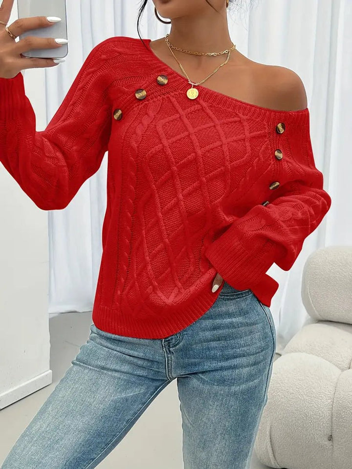 Dames Casual Knit Sweater Ronde Hals Kabelpatroon Knopen