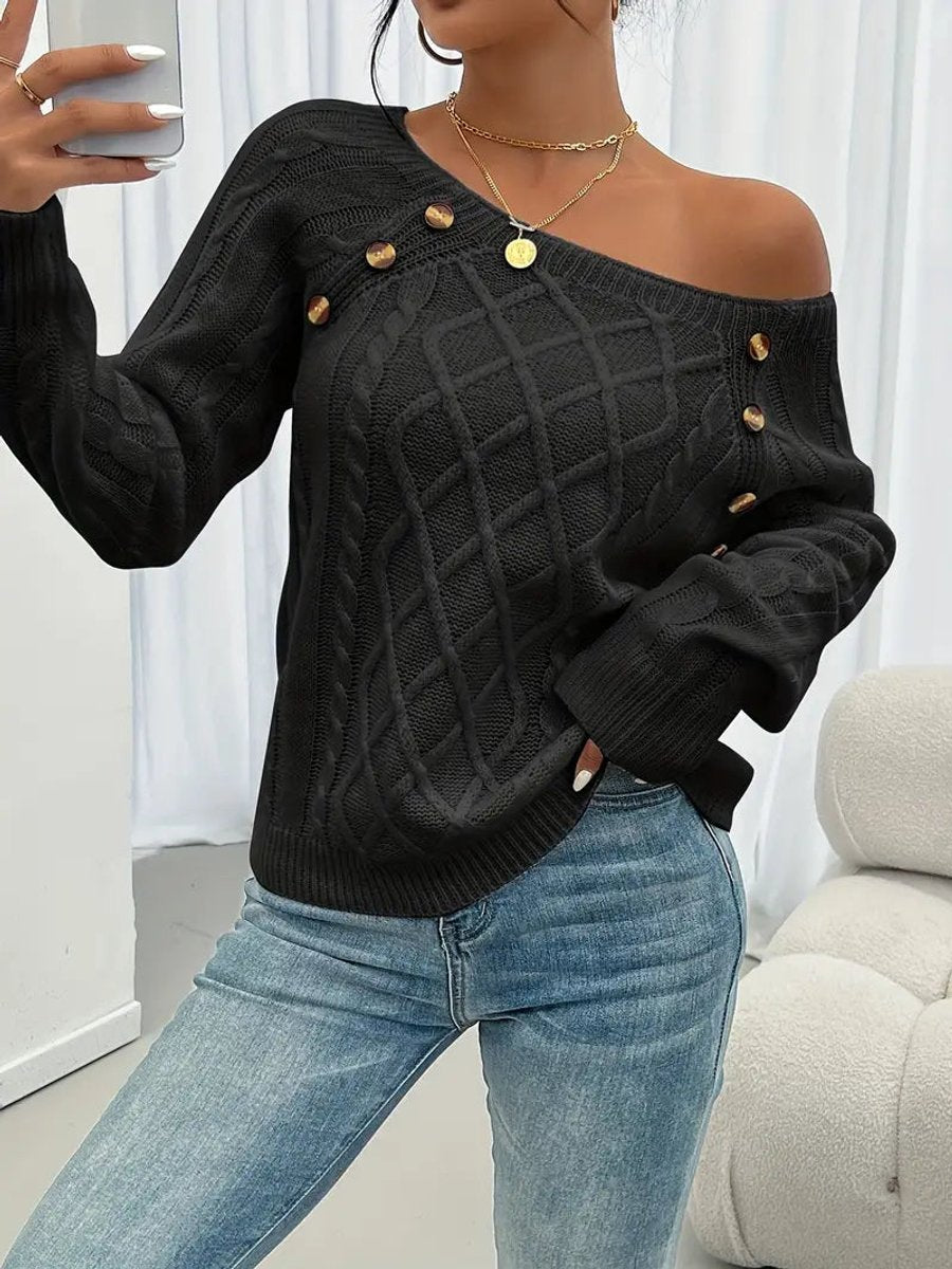 Dames Casual Knit Sweater Ronde Hals Kabelpatroon Knopen