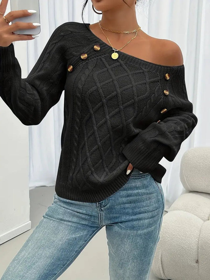 Dames Casual Knit Sweater Ronde Hals Kabelpatroon Knopen