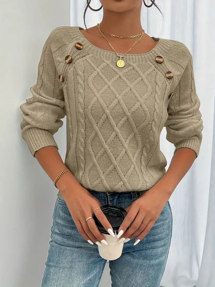 Dames Casual Knit Sweater Ronde Hals Kabelpatroon Knopen - Khaki