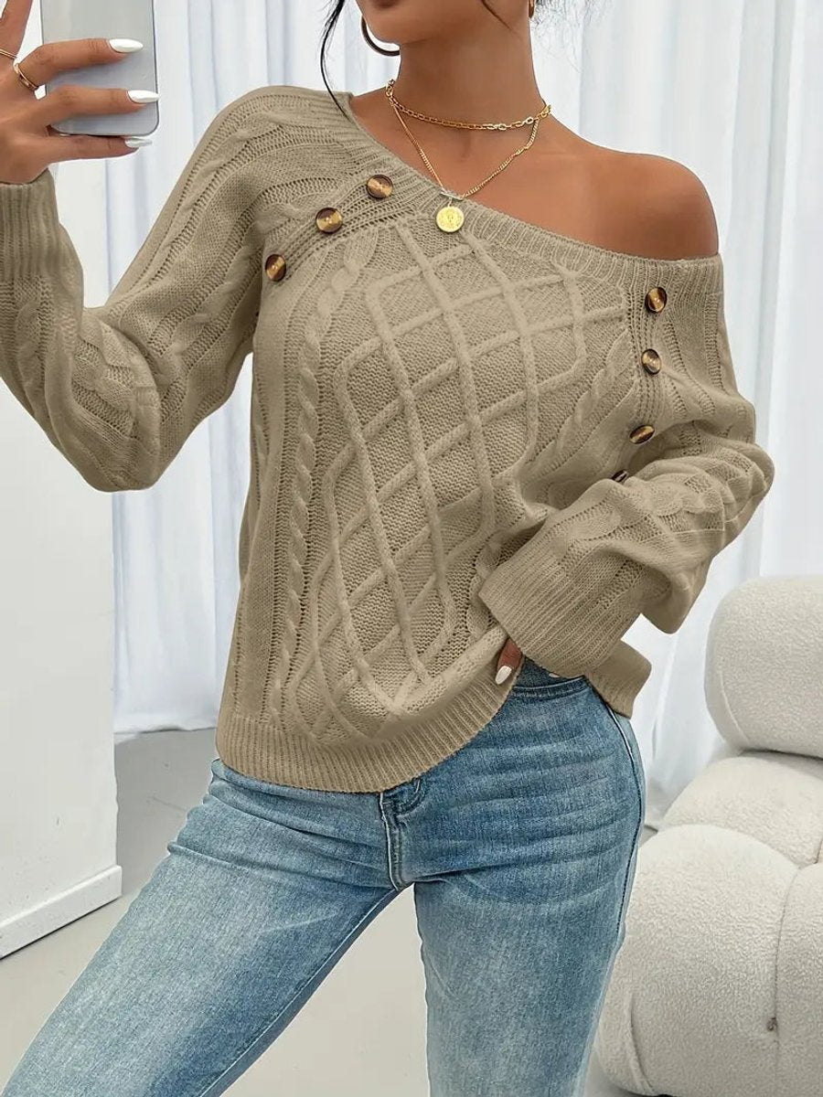 Dames Casual Knit Sweater Ronde Hals Kabelpatroon Knopen