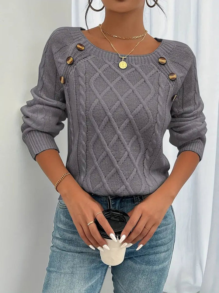 Dames Casual Knit Sweater Ronde Hals Kabelpatroon Knopen - Donkergrijs