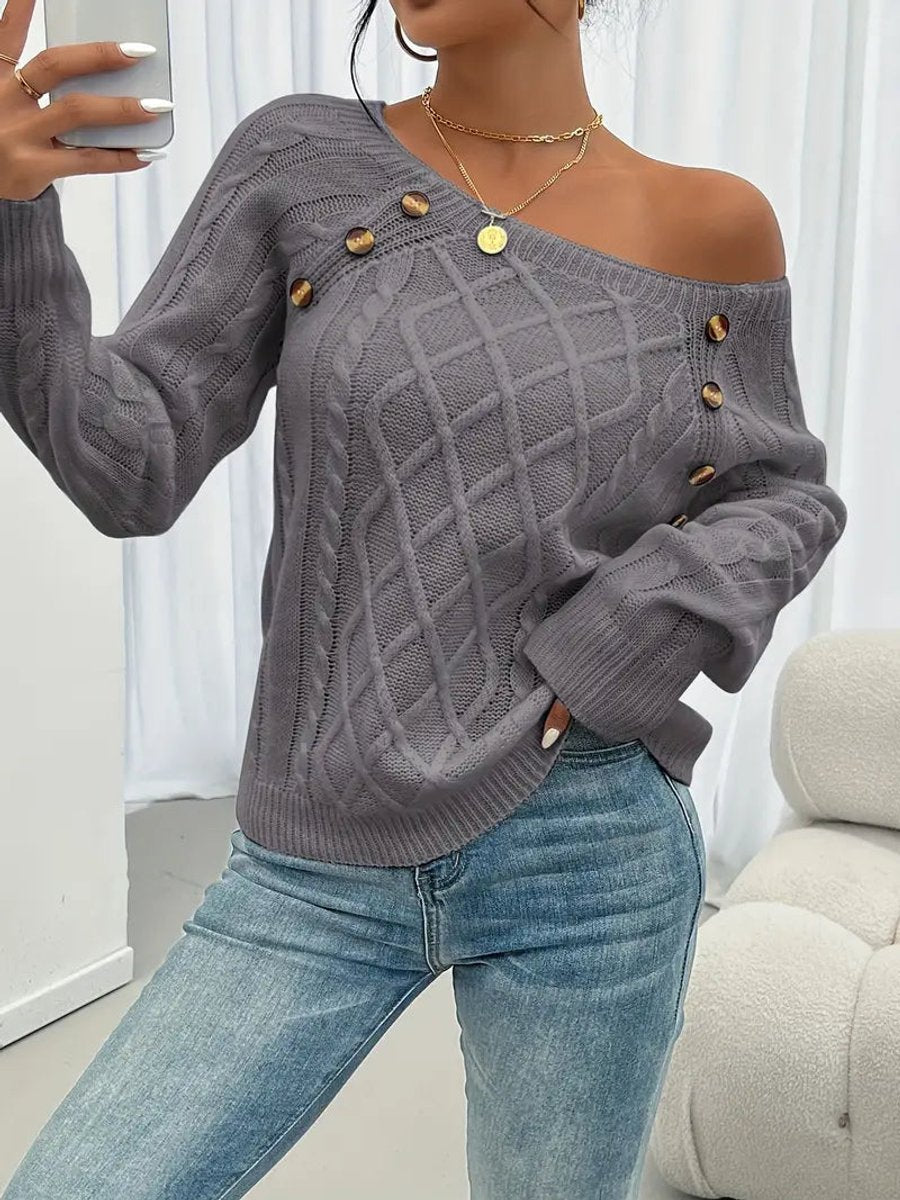 Dames Casual Knit Sweater Ronde Hals Kabelpatroon Knopen