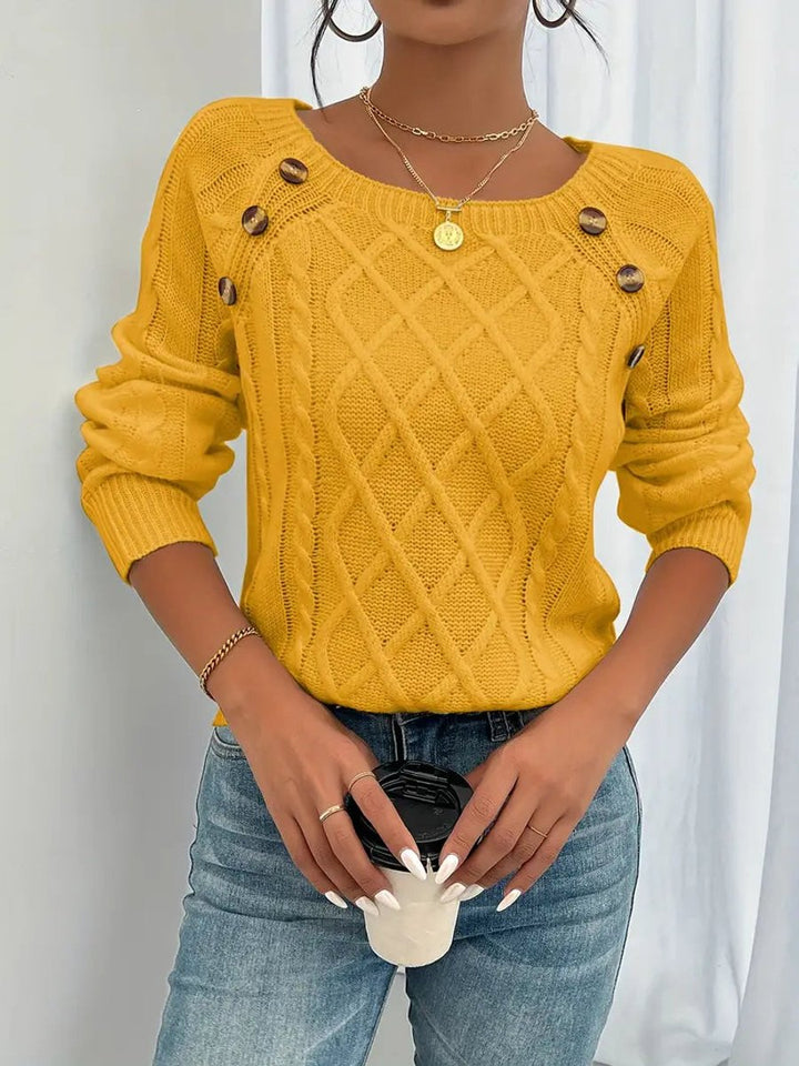 Dames Casual Knit Sweater Ronde Hals Kabelpatroon Knopen - Goud