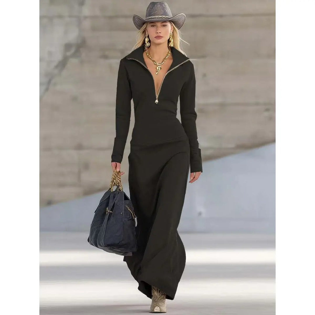 Dames Casual Maxi Long Sleeve Dress Rits Coltrui - Zwart