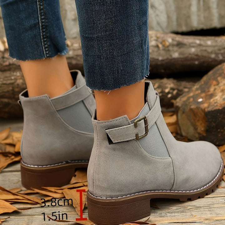 Dames Chelsea Ankle Boots met Blockhak en Gesp - Zilvergrijs