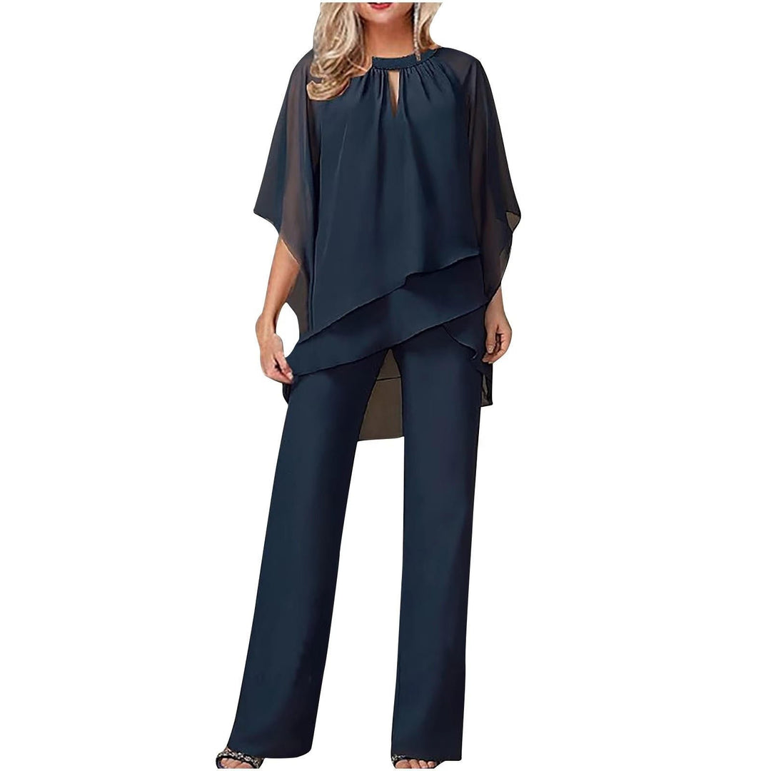Dames Chiffon Broekpak Asymmetrisch Vleermuis Mouw - Marineblau