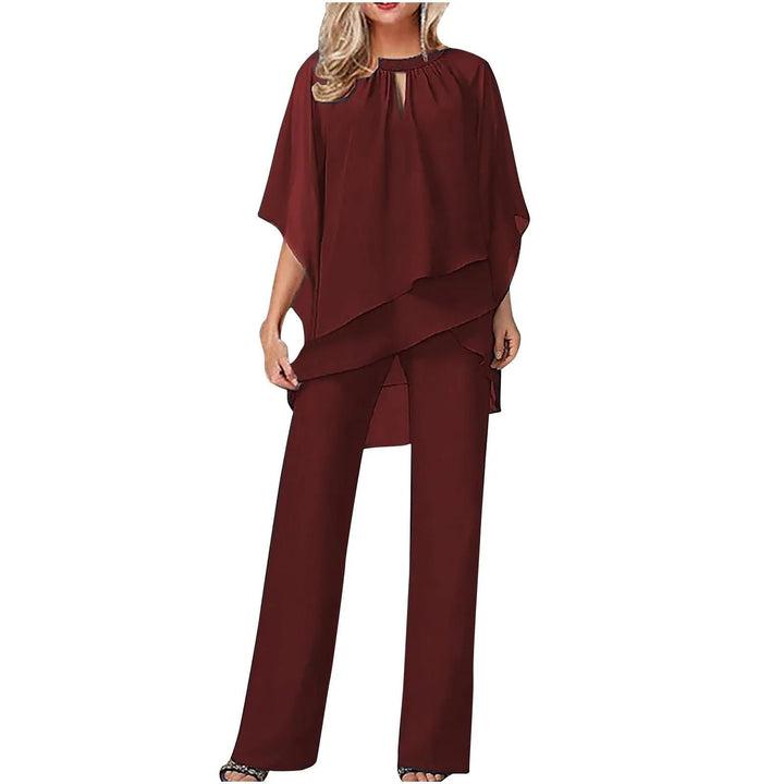 Dames Chiffon Broekpak Asymmetrisch Vleermuis Mouw - Burgunderrot