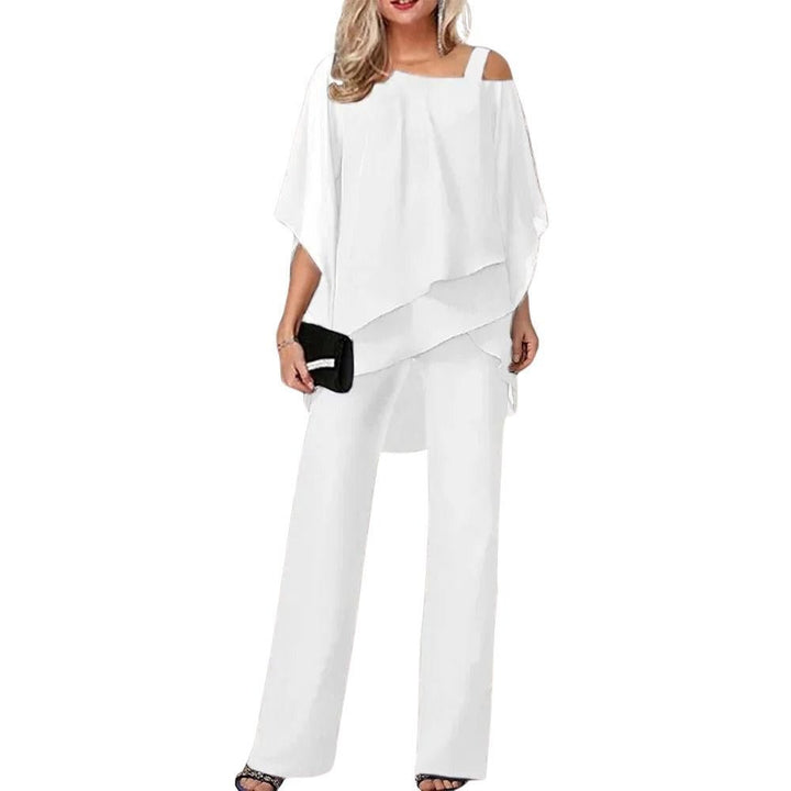 Dames Chiffon Broekpak Asymmetrisch Vleermuis Mouw - Weiß