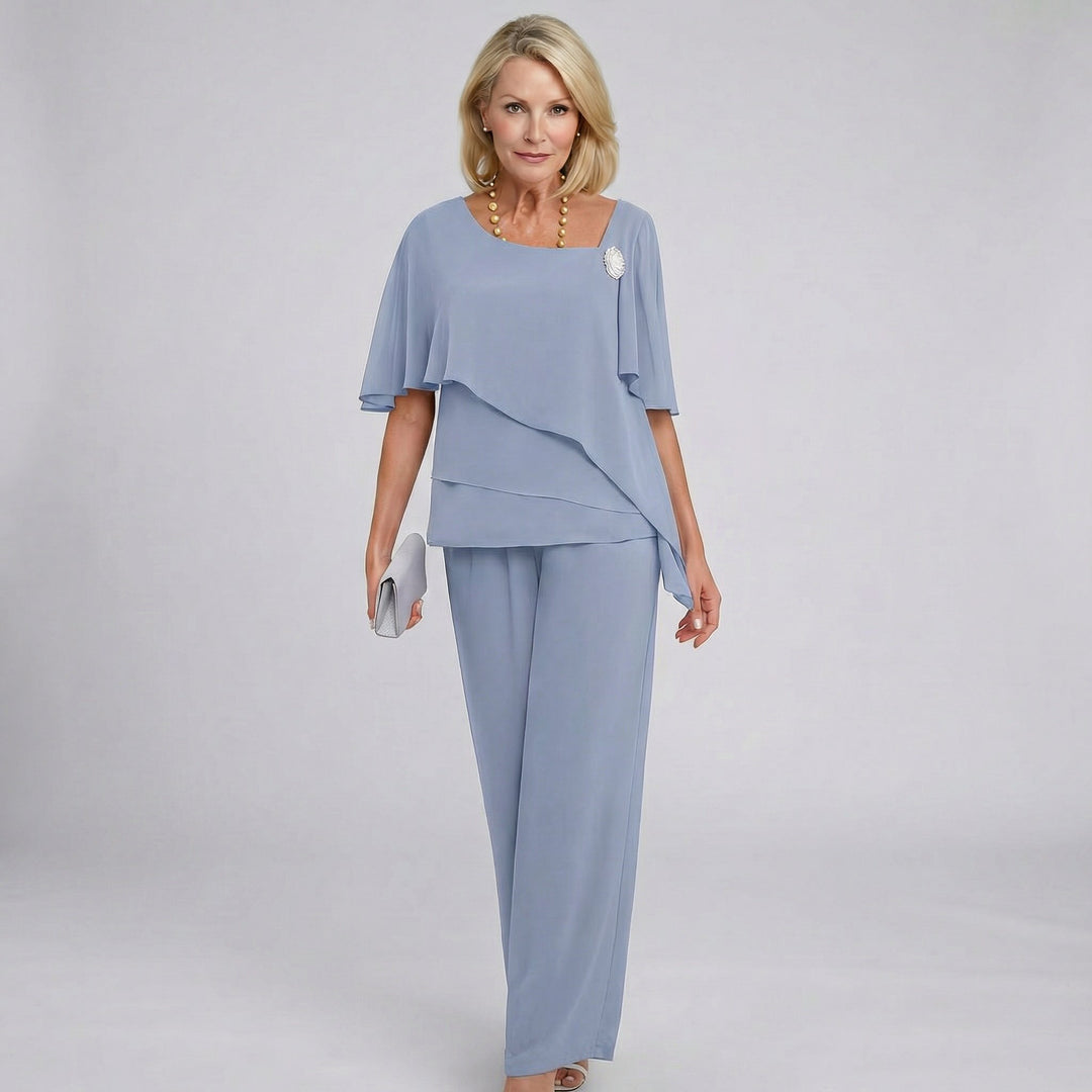 Dames Chiffon Cape Mouwen Wide Leg Two-Piece Set - Grey-Blue