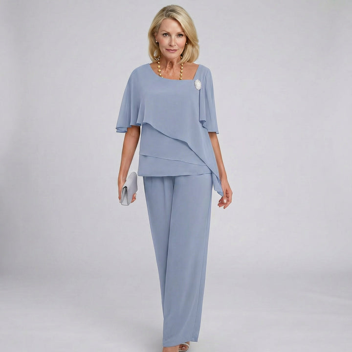 Dames Chiffon Cape Mouwen Wide Leg Two-Piece Set - Grey-Blue