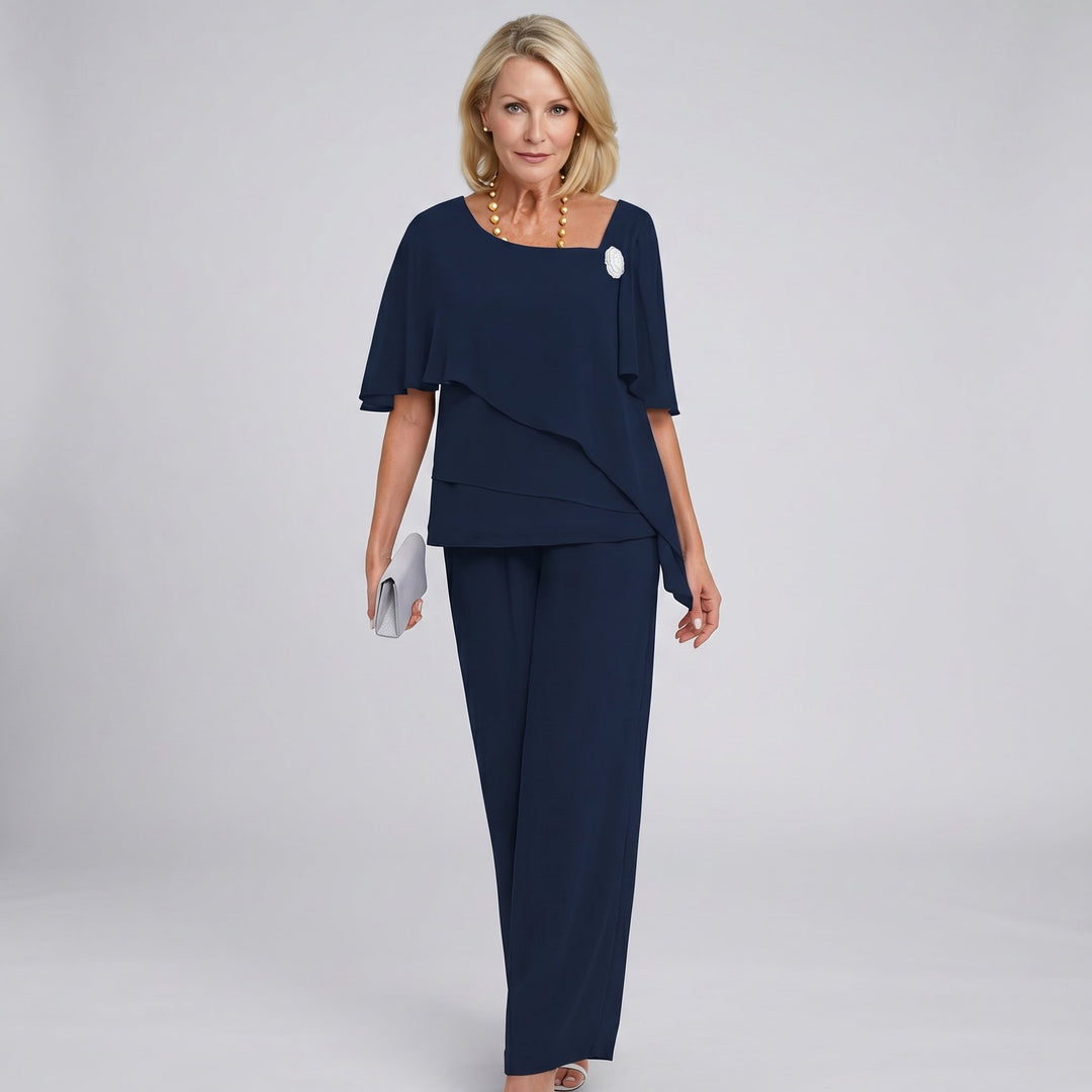 Dames Chiffon Cape Mouwen Wide Leg Two-Piece Set - Navy Blue
