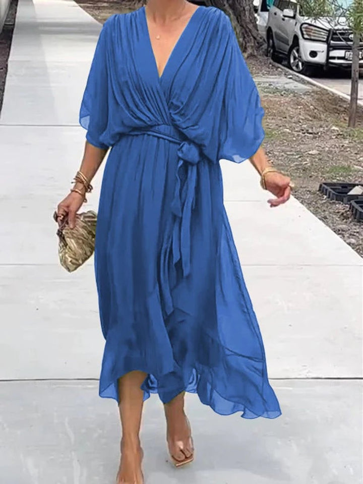 Dames Chiffon V-hals Cocktail Party Dress Elegante Midi Jurk - Blauw